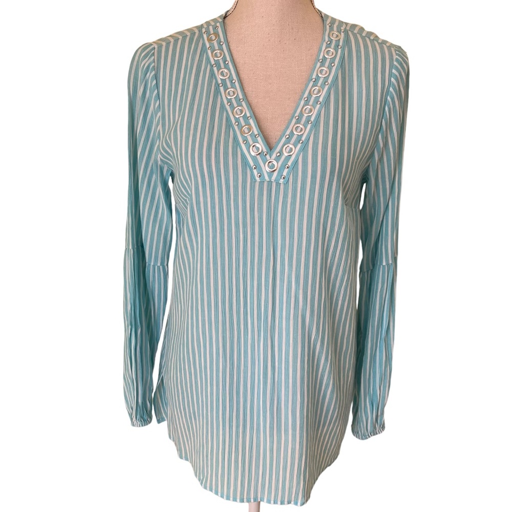Michael Michael Kors Aqua and White Striped Long Sleeve Grommet Detail Tunic